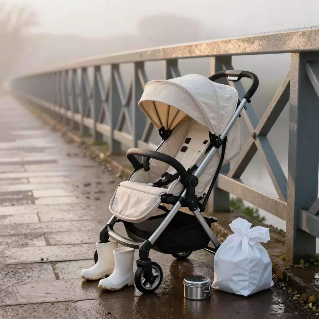 Folded pushchair, child wellies, snack tin and rain cover by a wet rail bridge path at dawn