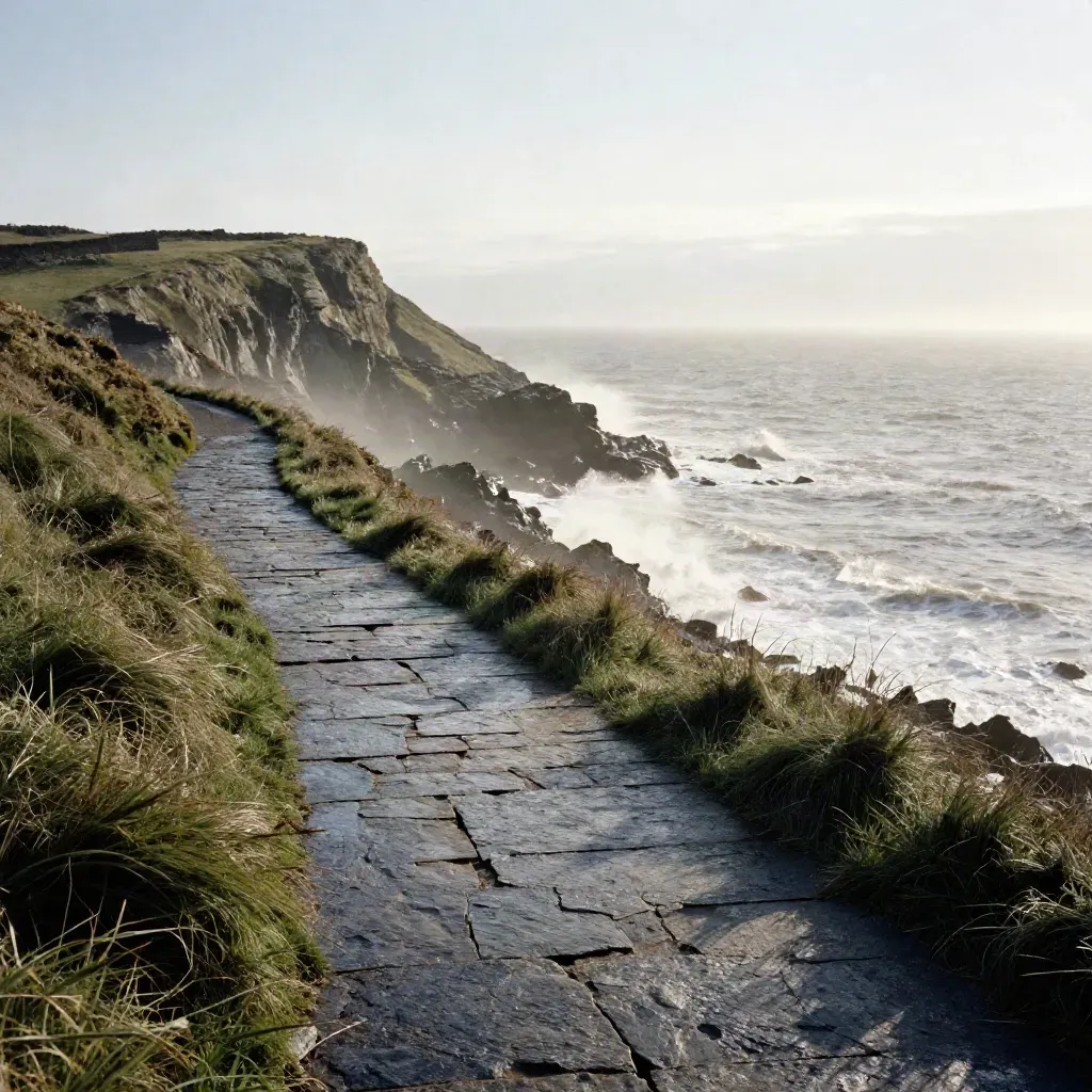 Cliff-edge coastal path with sea grass, wet stone, crashing surf and sea spray at rough tide.