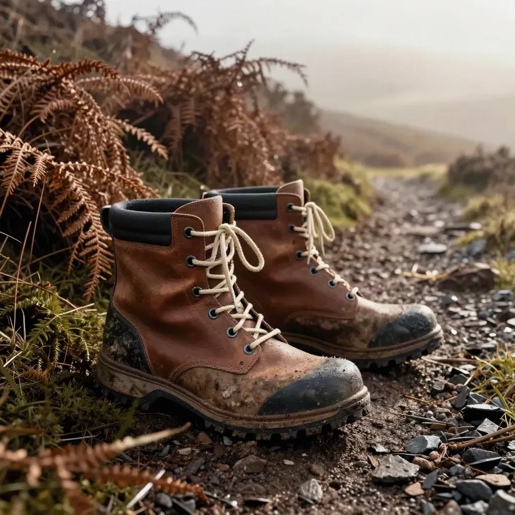 Mud-smeared walking boots on a windy bracken slope, shot low from behind at ground level.