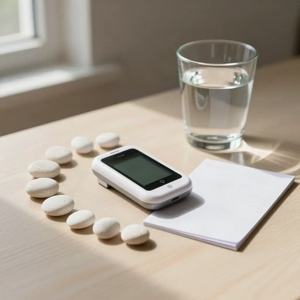 Clip-on step counter, chalk pebbles, planner cards and water glass on pale wood.